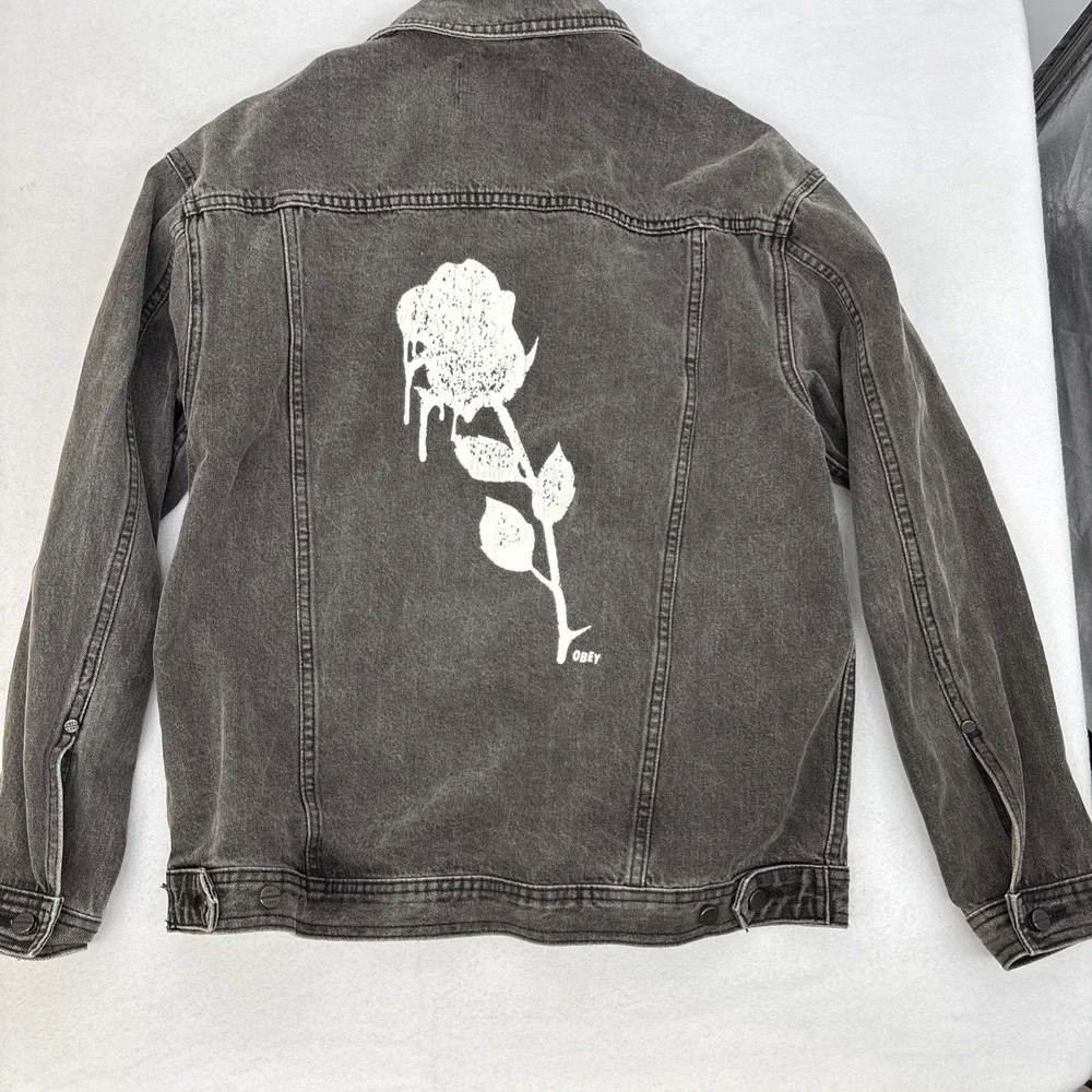 Obey Denim Jacket Mens Medium Trucker Button Up Distressed Black Rose Graphic